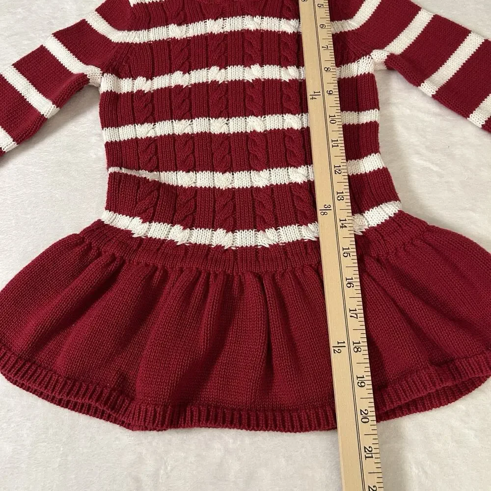 Baby Gap Red & White Striped Hooded Pom Pom Cable Knit Sweater Dress Girls 2T